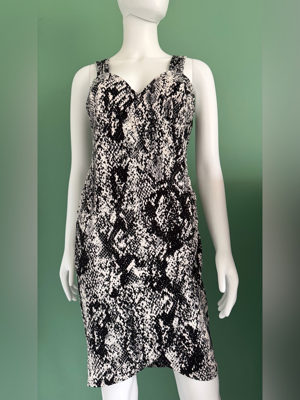 Vintage Cache Black and White Snake-Print Faux Wrap Midi Dress